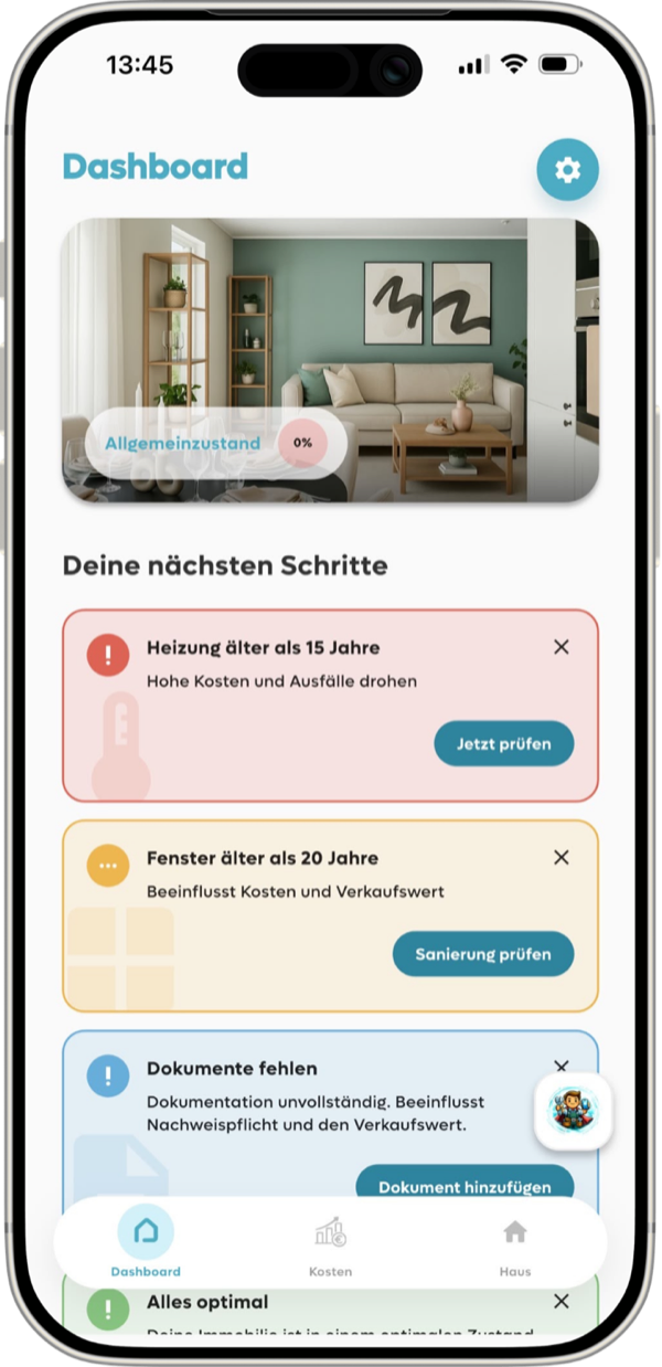 Dashboard mit Objektzustand, fehlenden Dokumenten und nächsten Schritten in eigenheimverwalter
